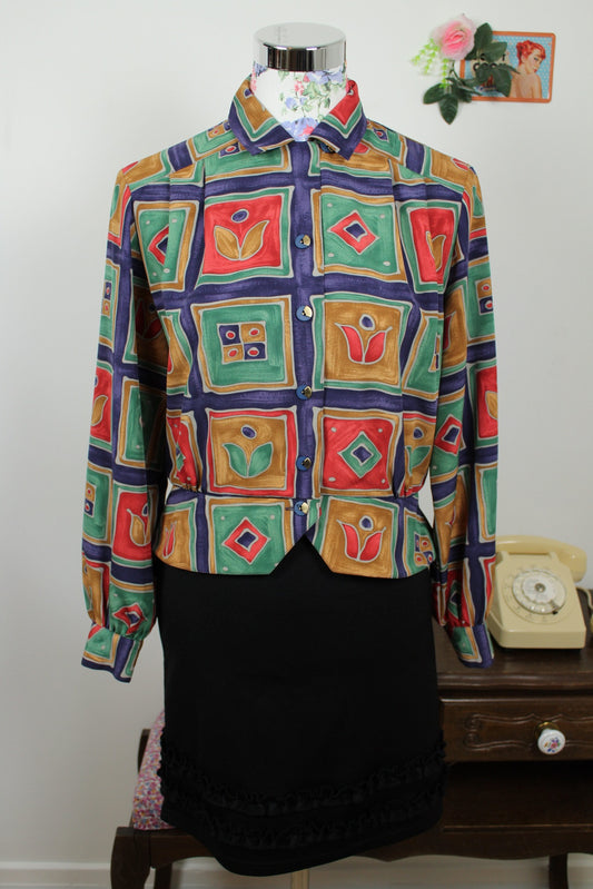 🌸🍒Chemise vintage 80's formes géométriques colorées chic artistique - Taille 36/38🍒🌸