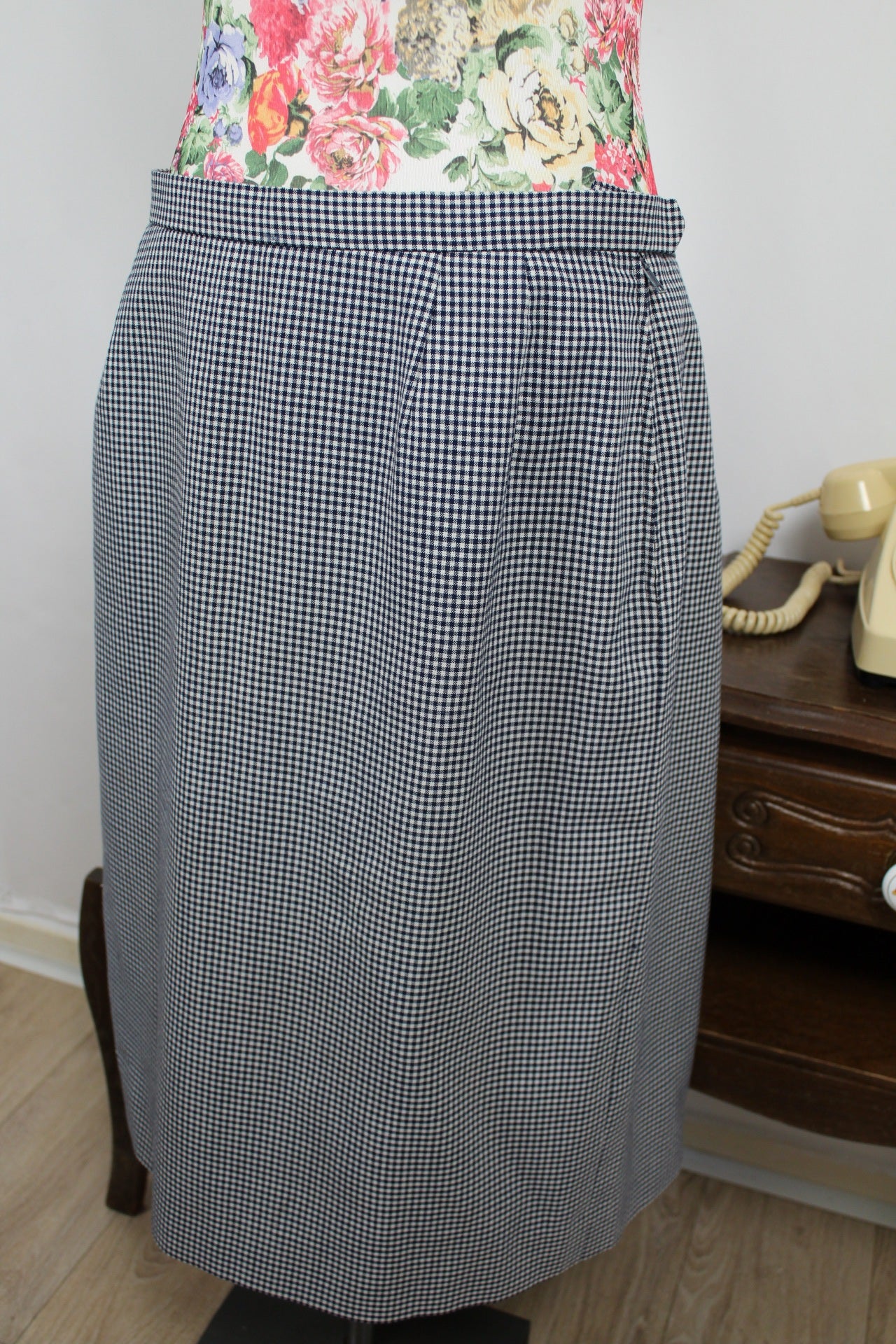 🌸🍒Jupe vintage 80's à carreaux vichy marine & blanc - Taille 42🍒🌸