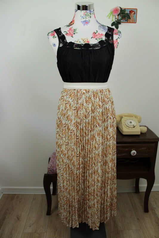 🌸🍒Jupe longue vintage 70's feuillage jaune doré & baies - Taille 32 à 36🍒🌸