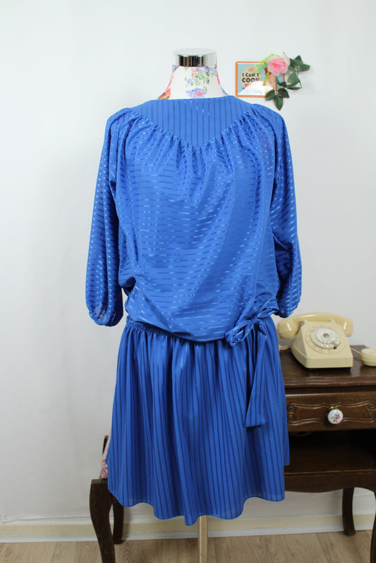 🌸🍒Robe vintage 70/80s bleue fluide à bandes satinées - Taille 40 à 44🍒🌸