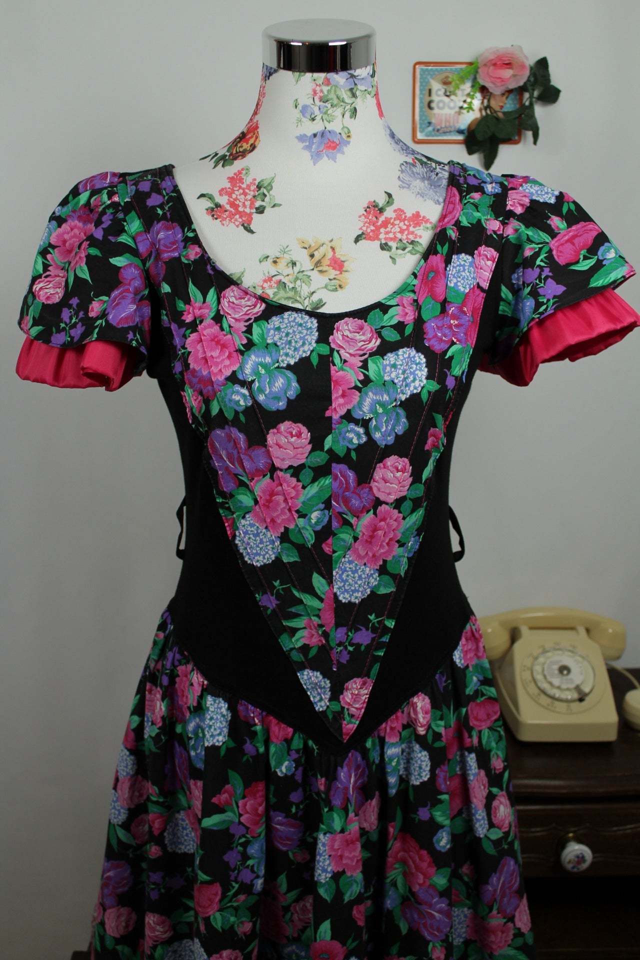 🌸🍒Robe vintage 80s plastron corset fleurie bohème romantique folk jupe évasée - Taille 36/38🍒🌸