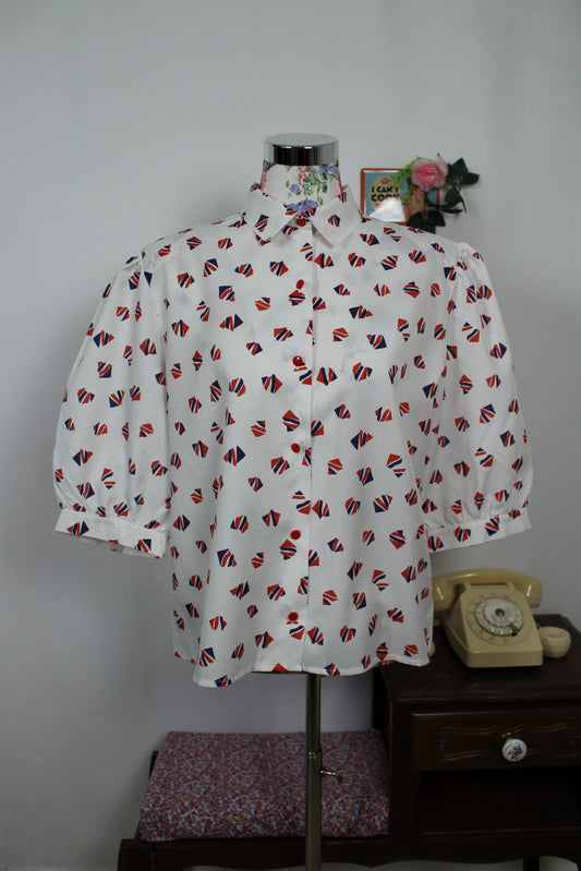 🌸🍒Chemisier vintage 80's blanc motifs géométriques - manches bouffantes - Taille 40/42
