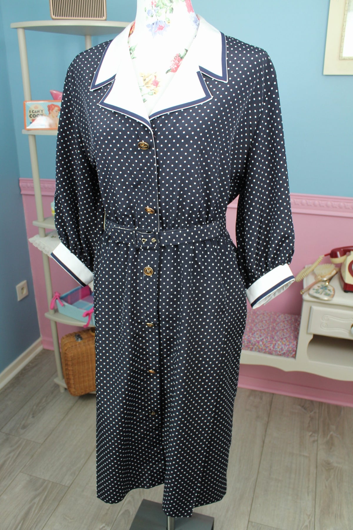 Robe années 80 bleu marine à pois pin-up Navy preppy vintage - Taille 40/42