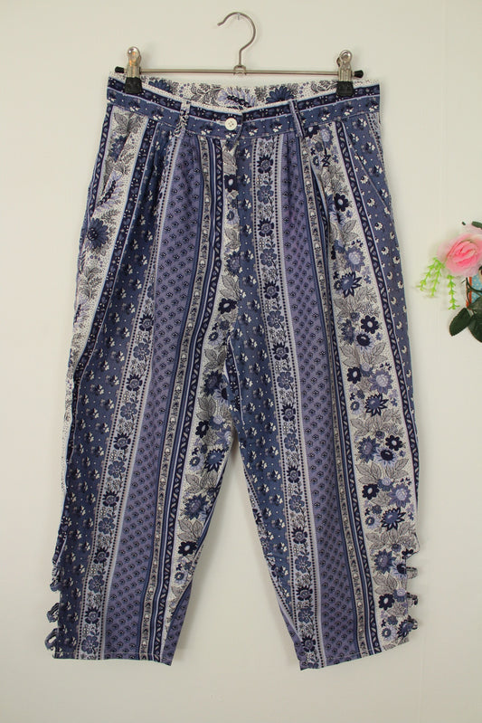 🌸🍒Pantacourt vintage 70/80's rayures fleurie en coton romantique & provençale - Taille 34🍒🌸