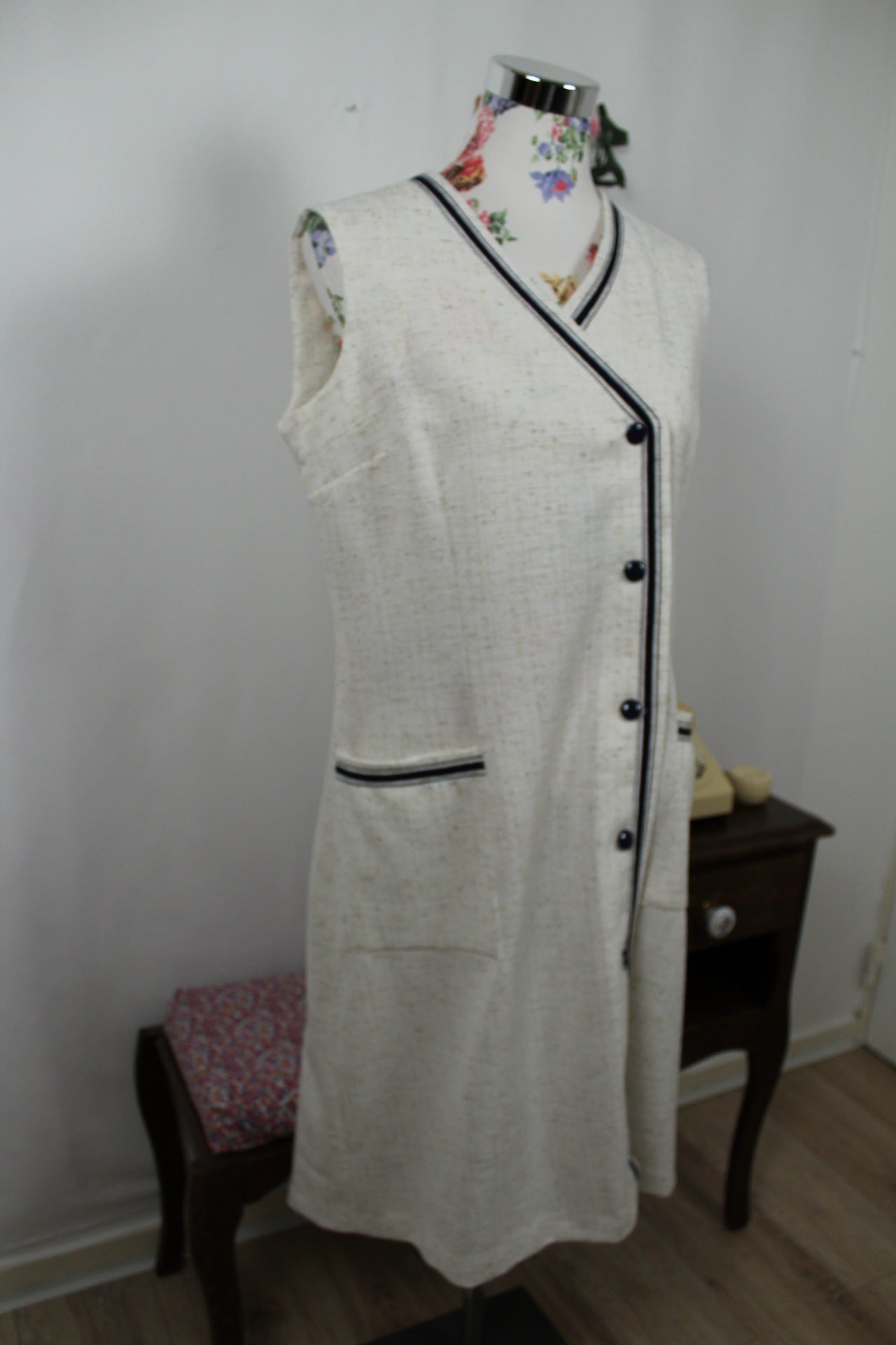 🍒🌸Robe vintage 80s crème chinée en lin - Taille 40🌸🍒