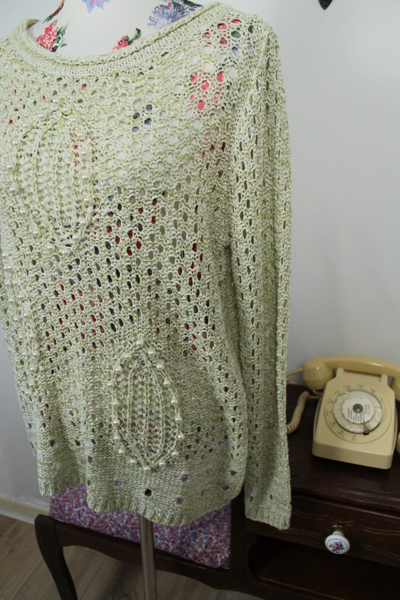 🌸🍒Pull ajouré perles nacrées vintage chic - Création L - 90s/2000s - Taille 40/42🍒🌸