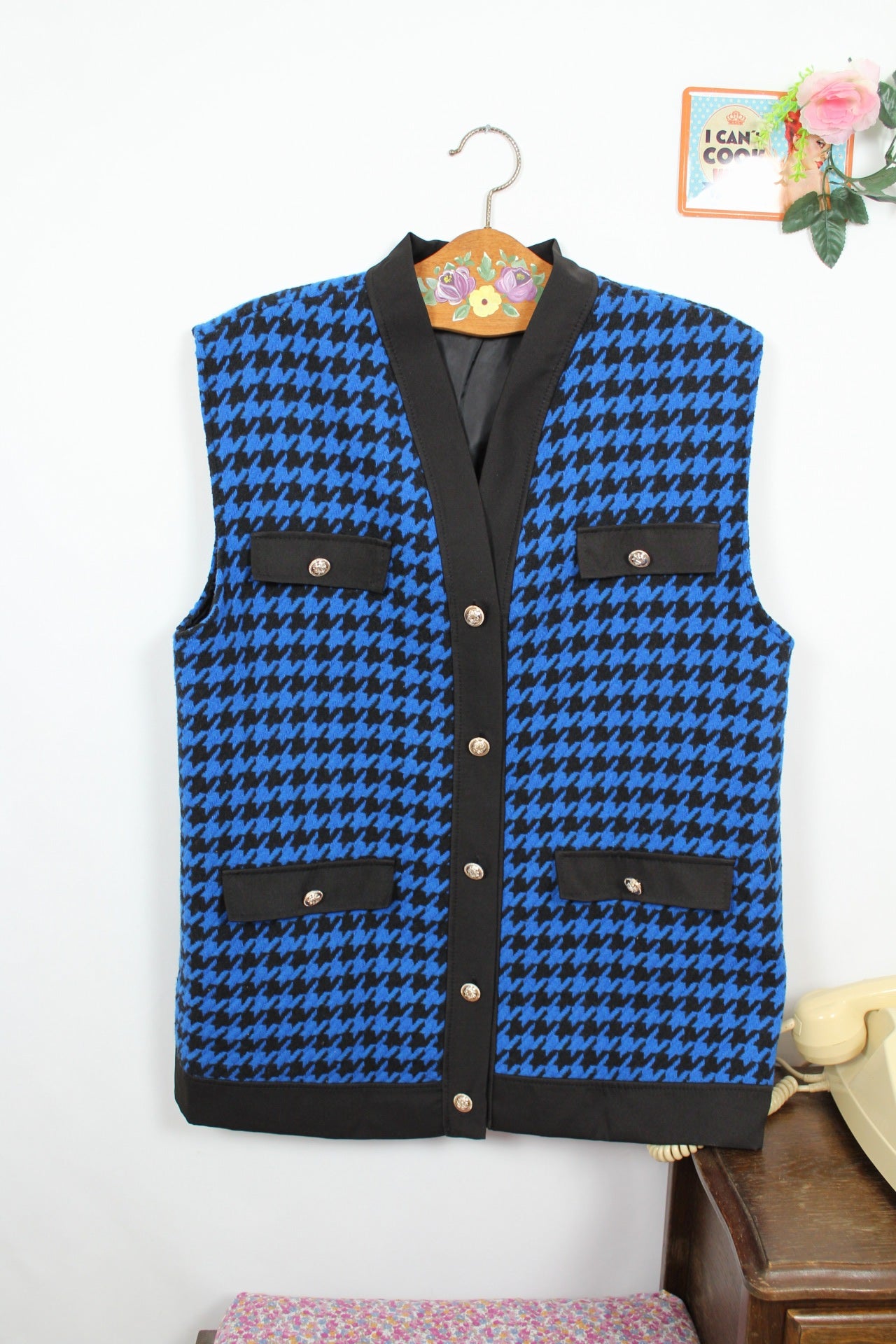 🌸🍒Cardigan/gilet sans manches pieds de poule 90's bleu électrique - made in Italy - Taille 40/42🍒🌸