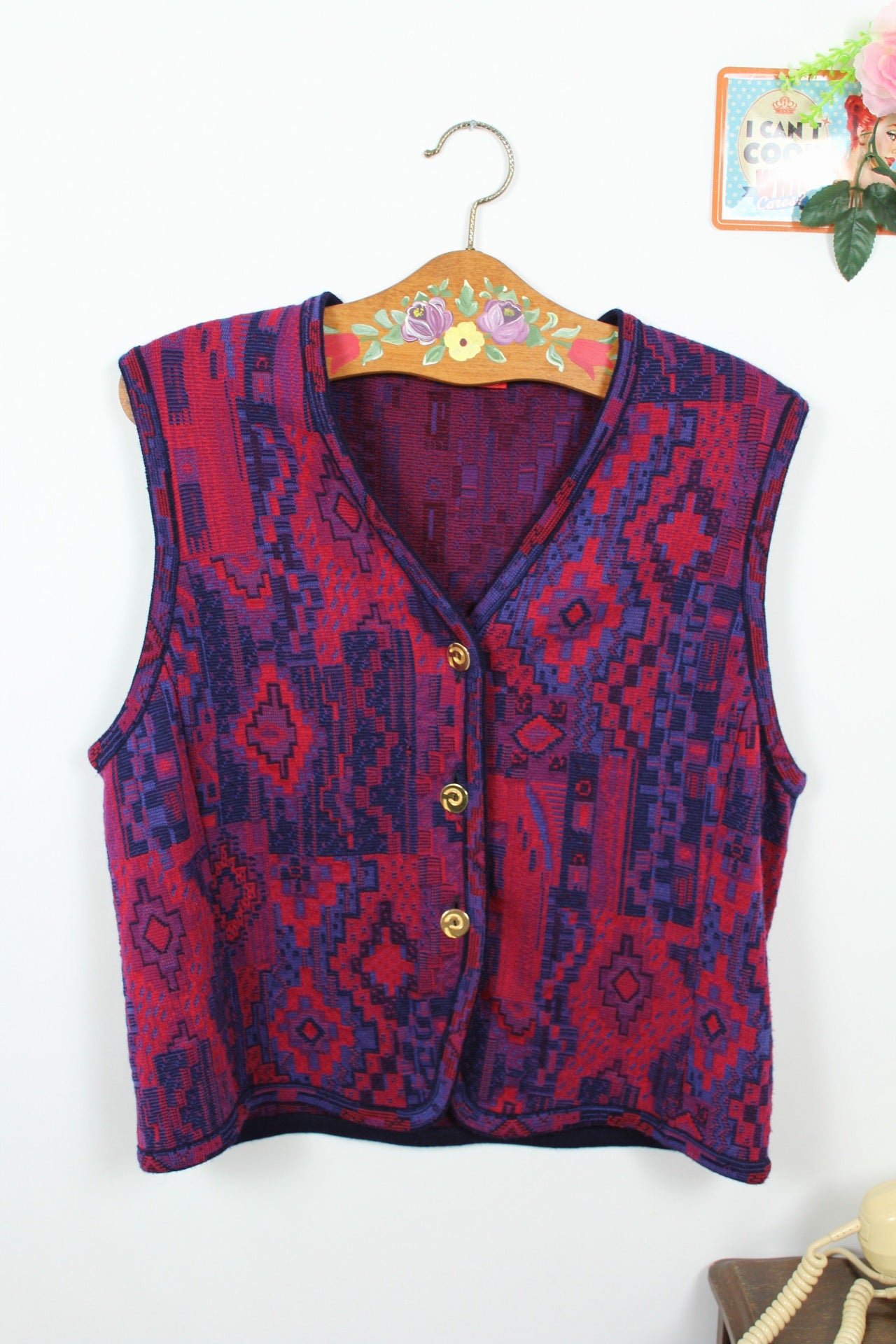 🌸🍒Gilet vintage Devernois Paris 80's - jacquard graphique bordeaux & violet - Taille 40/42🍒🌸
