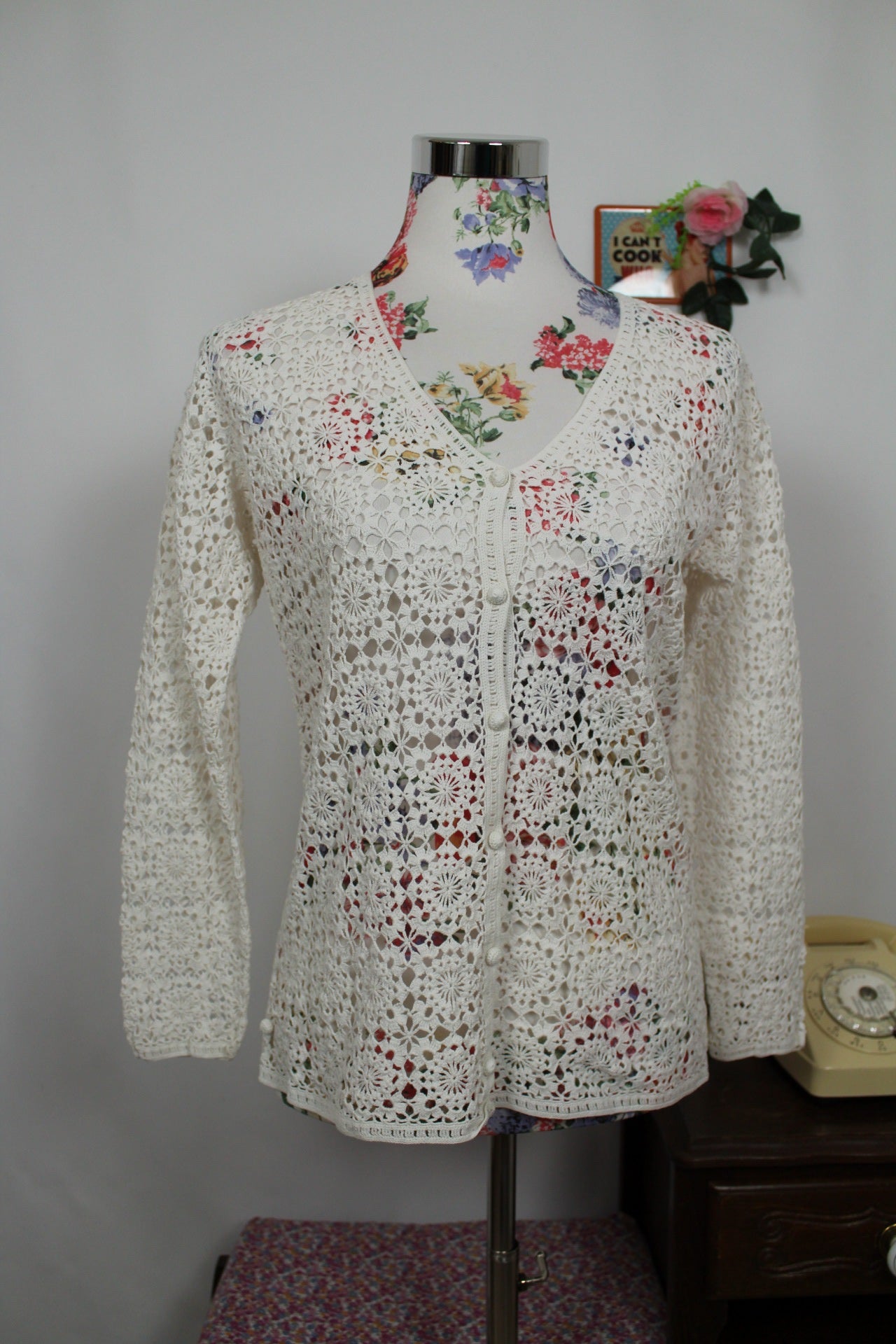 🍒🌸Gilet vintage 90's en crochet blanc fleuri ajouré - taille 38🌸🍒