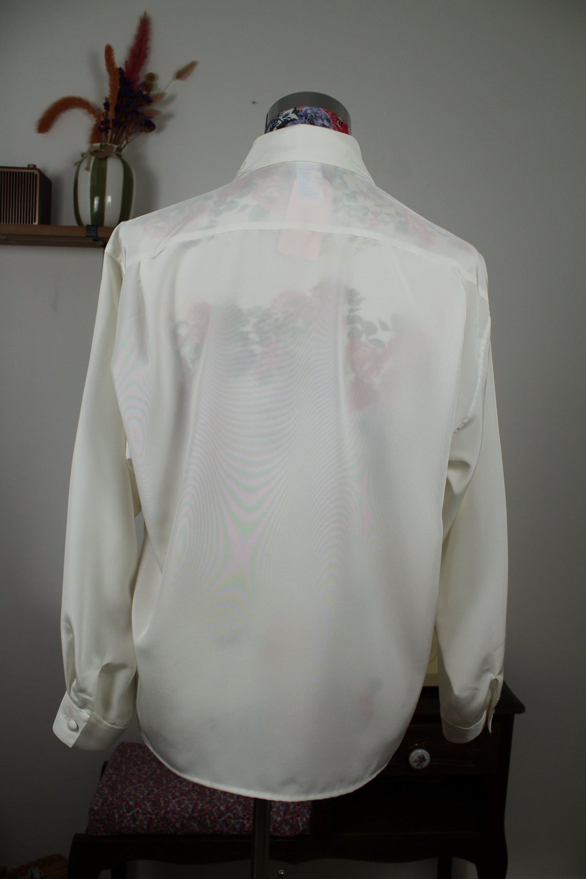 Chemise vintage années 80 blanche satinée col brodé romantique Ralph Luigi - Taille 40/42