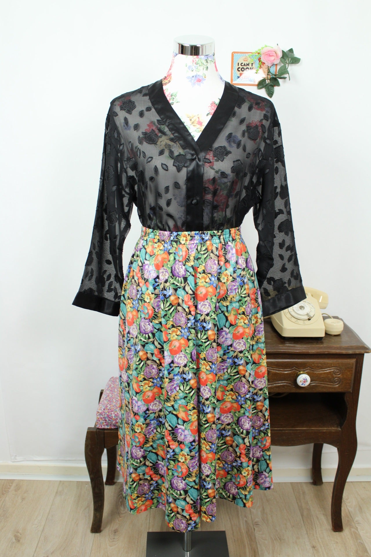 🌸🍒Jupe plissée vintage 80's fleurs & fruits Damart - Taille 44 à 48🍒🌸
