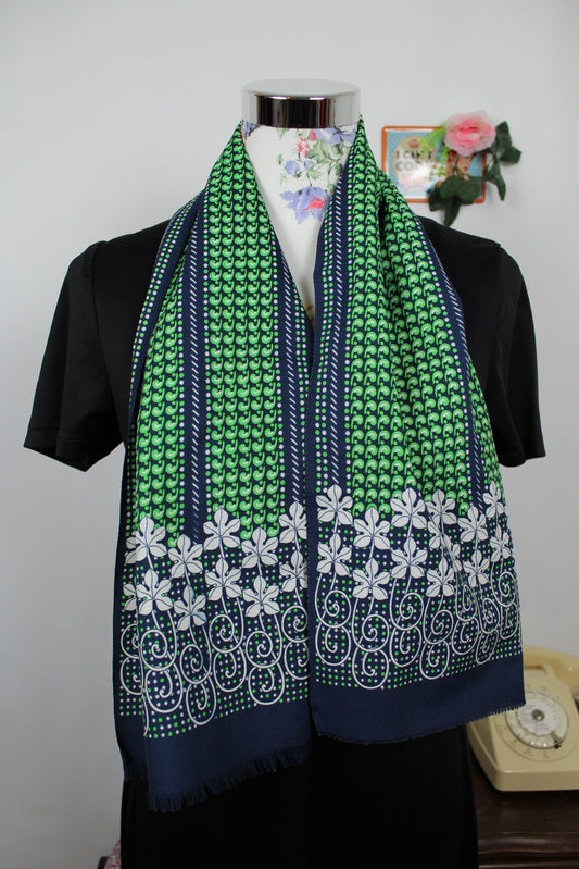 🌸🍒Foulard rectangulaire vintage 70's marine & vert floral🍒🌸