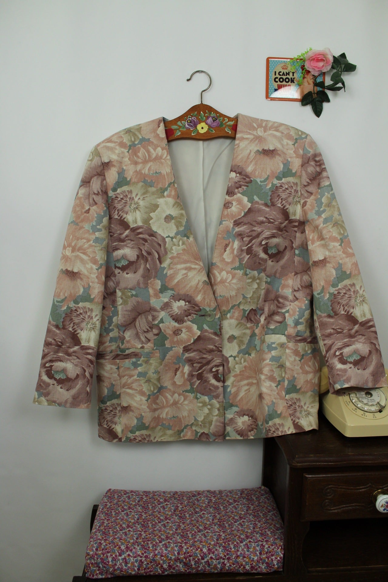 🌸🍒Veste vintage 90's fleurs pastel esprit tapisserie romantique en lin - Taille 44🍒🌸