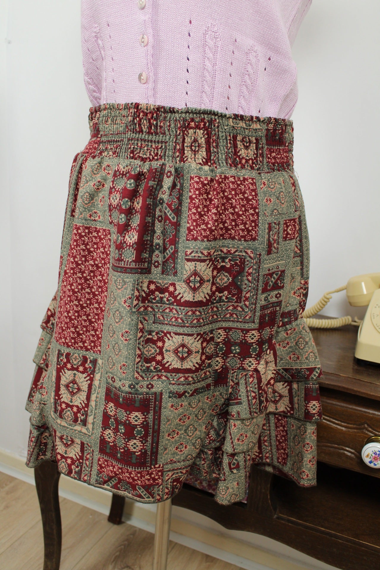 🌸🍒Jupe Agathe Velmont volantée motifs géométriques & fleurs style bohème - Taille 40/42🍒🌸