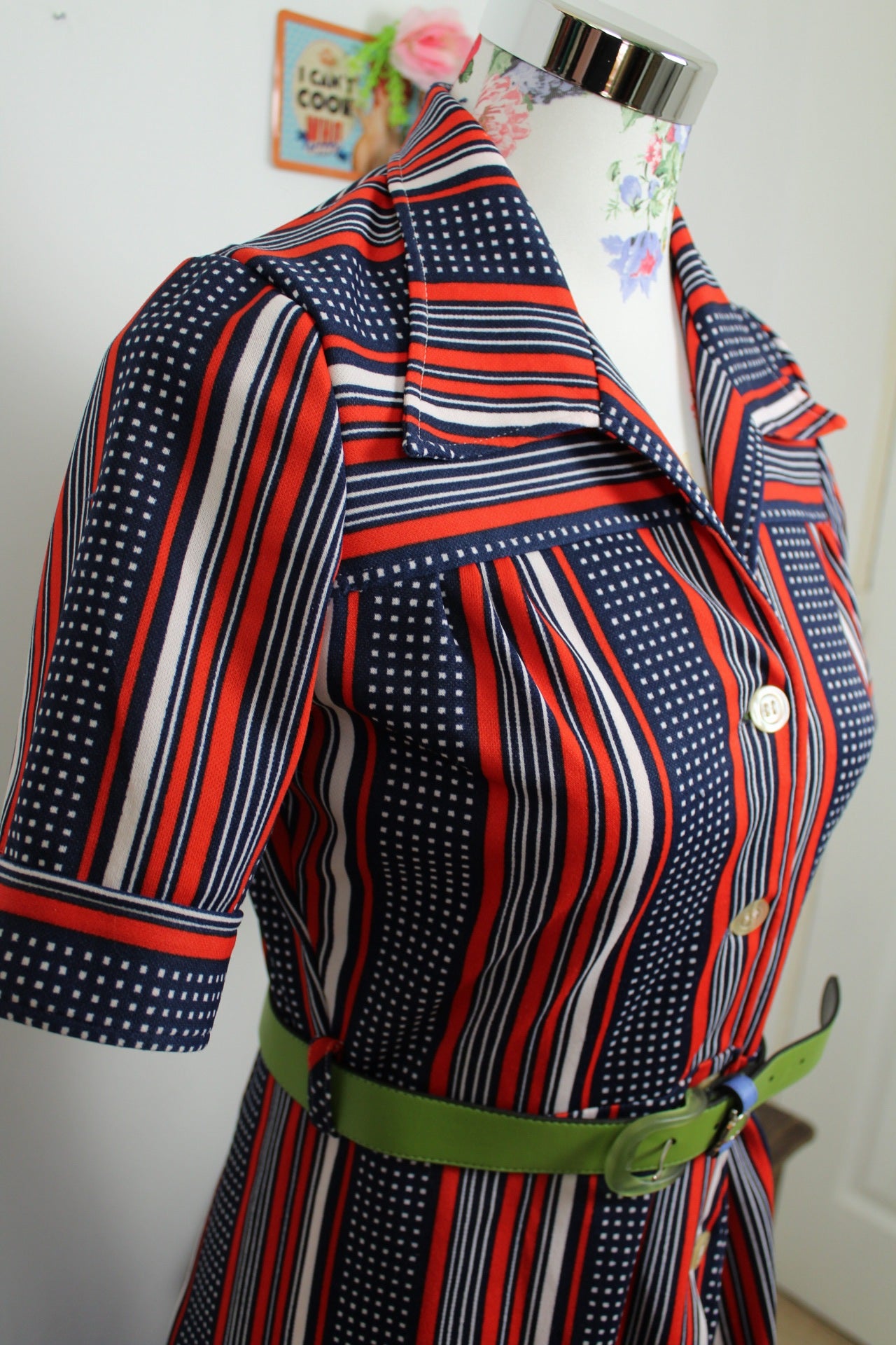 🌸🍒Robe vintage 70's Navy pin-up chic - rayures rouge/marine & pois - Taille 38🍒🌸
