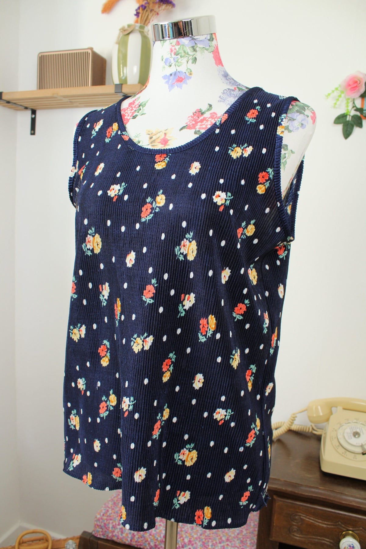 🌸🍒Débardeur côtelé vintage années 90 pois & fleurs - Taille 40/42🍒🌸