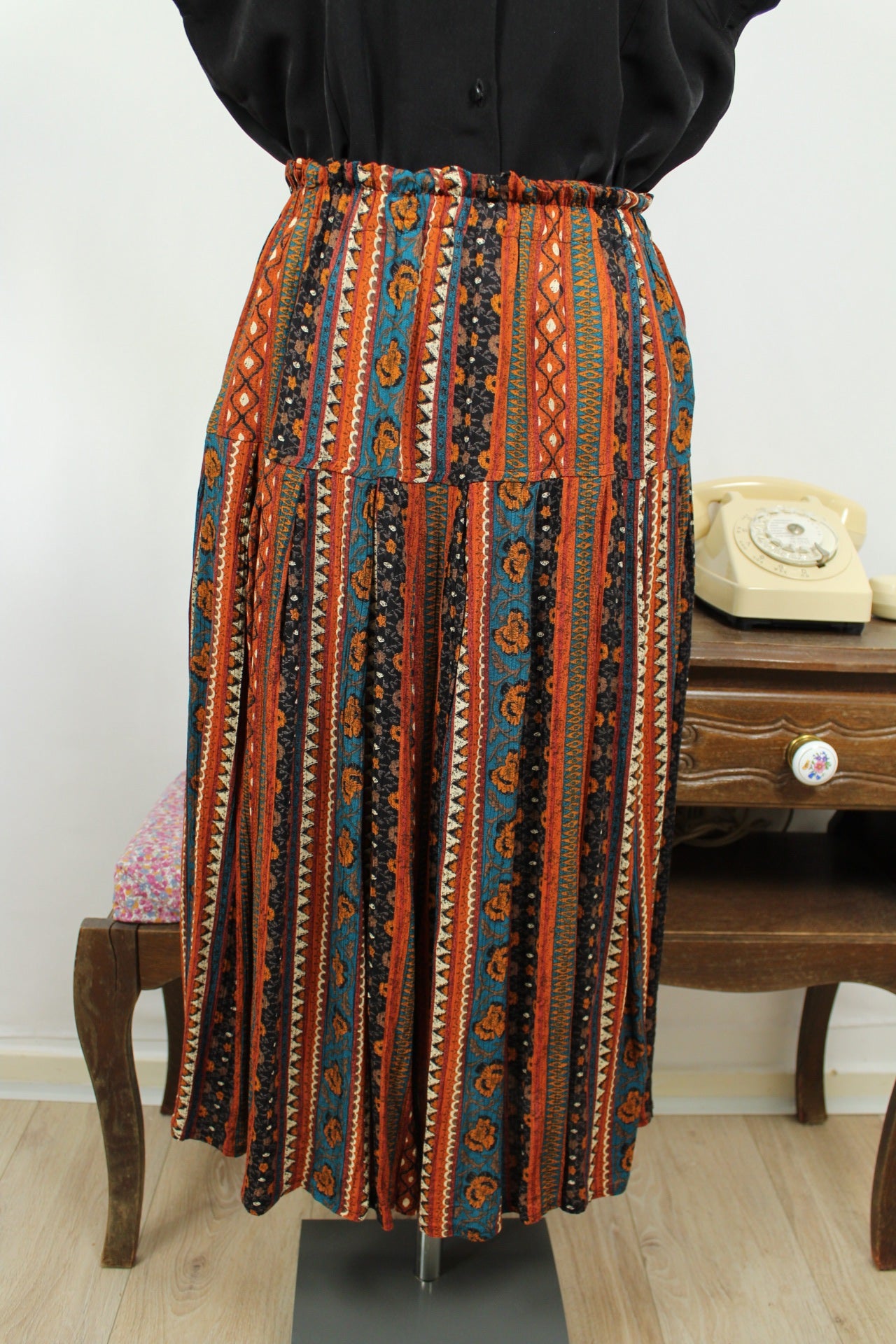 🌸🍒Jupe midi vintage 70's bohème folk terracotta & turquoise - Taille 36 à 40🍒🌸
