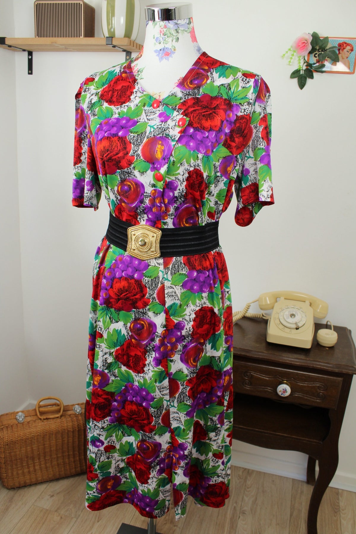 🌸🍒Robe vintage années 80 romantique - roses rouges & grappes de raisins - Taille 40/42🍒🌸