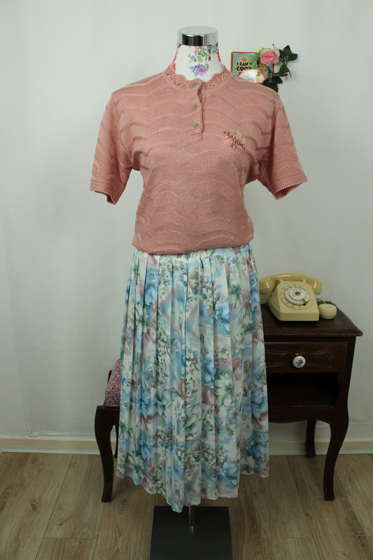 🍒🌸Pull manches courtes vintage 80's - rose poudré romantique & broderies florales - Taille 38/40🌸🍒