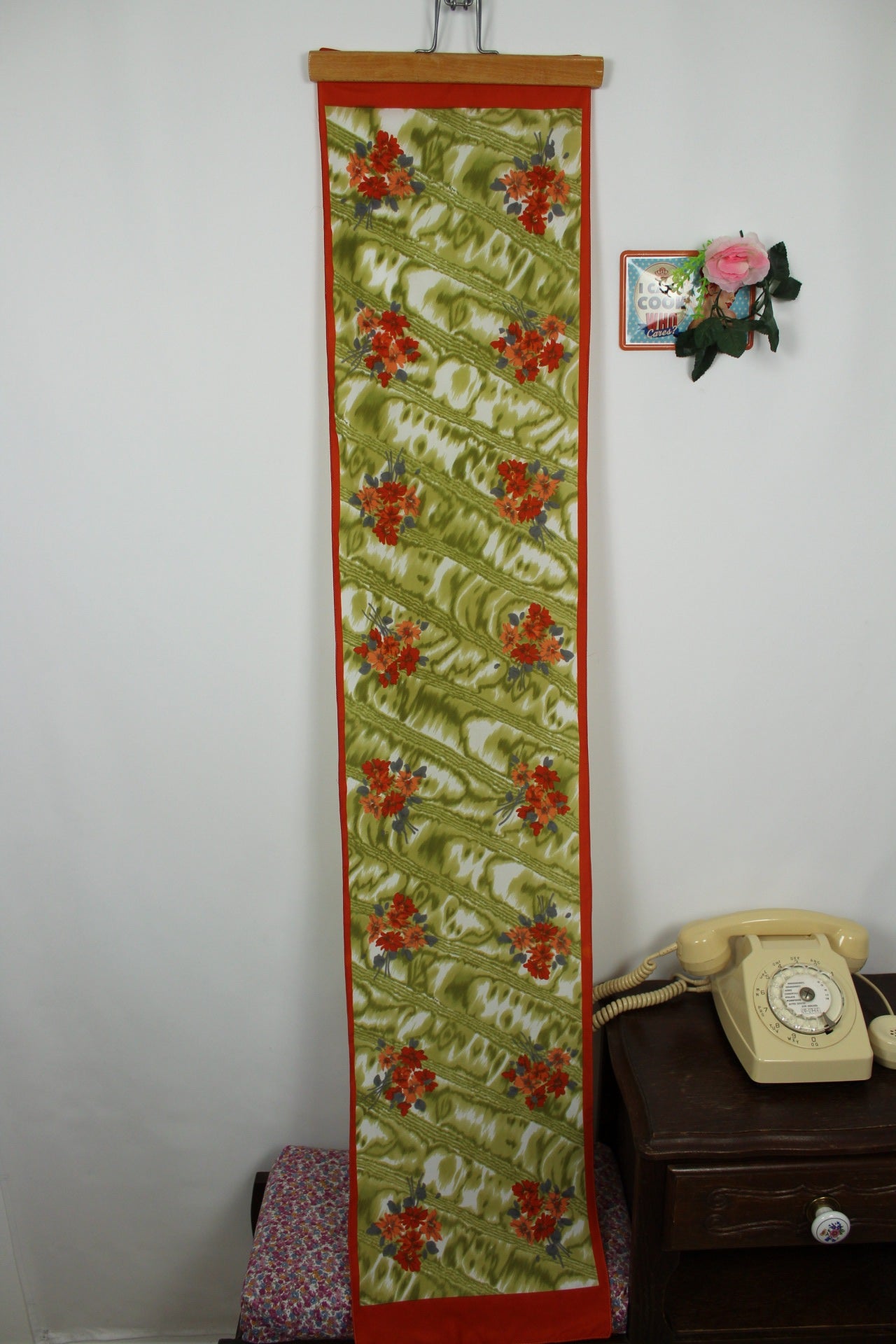 🌸🍒Foulard rectangulaire vintage 70's fleuri orange & kaki🍒🌸