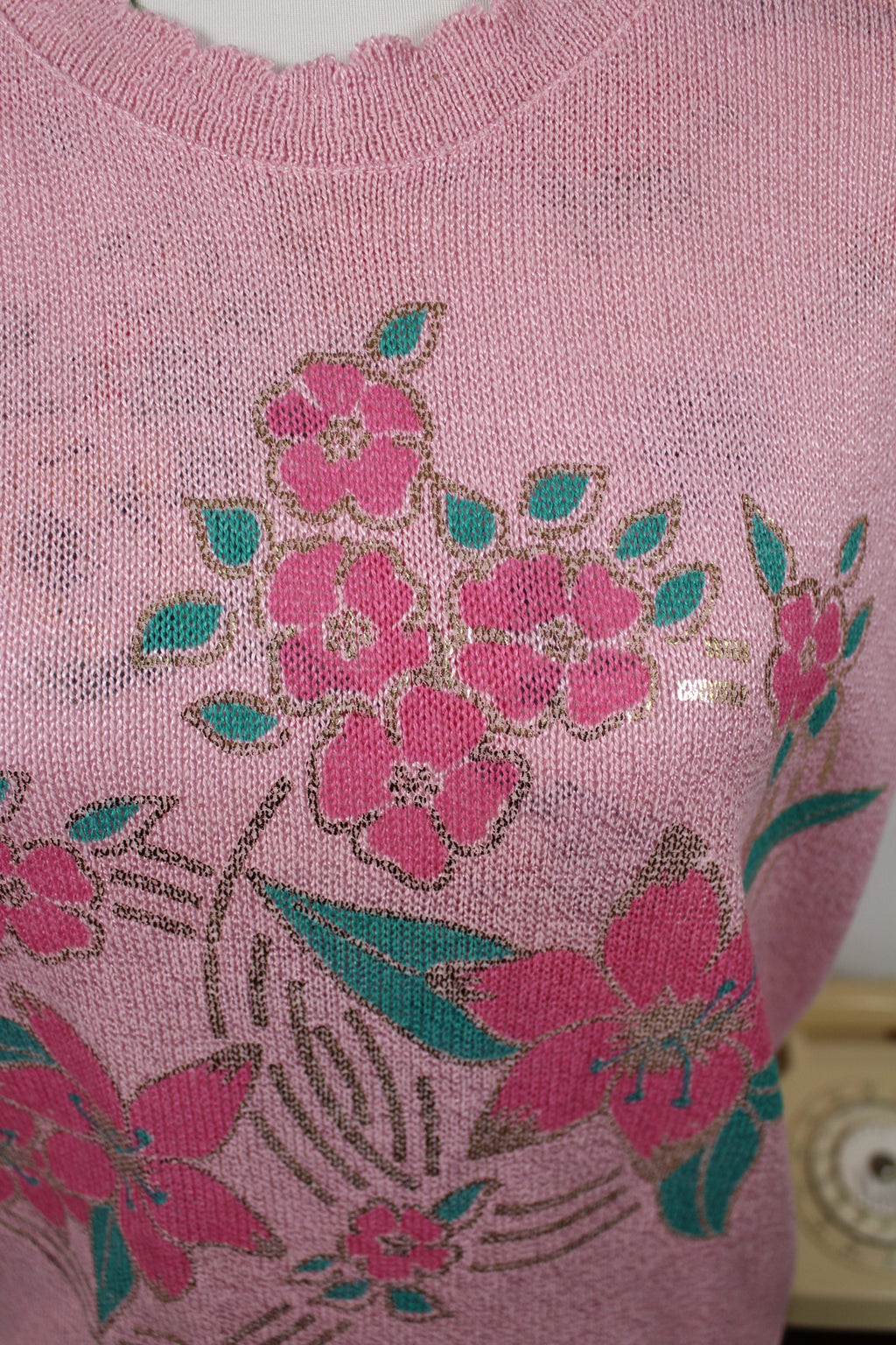 🌸🍒Pull vintage fleuri rose 70/80s en coton🍒🌸