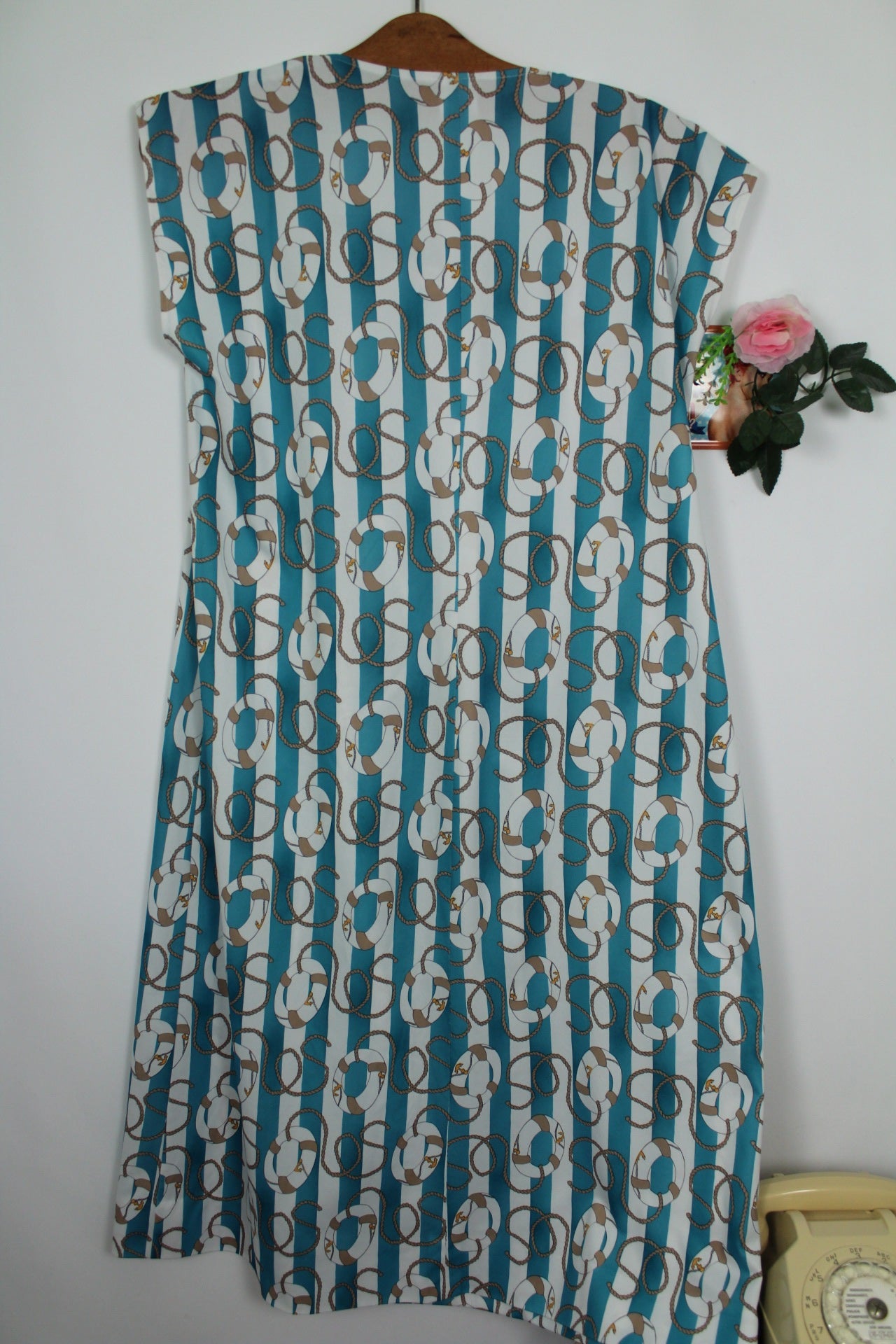 🌸🍒Robe vintage 80's Navy rayures turquoises & motifs nautiques - Taille 38 à 42🍒🌸