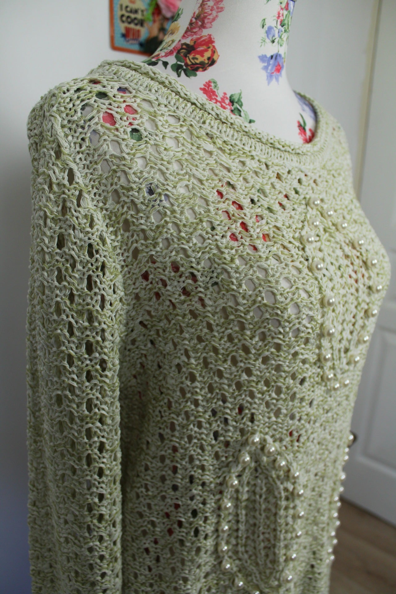🌸🍒Pull ajouré perles nacrées vintage chic - Création L - 90s/2000s - Taille 40/42🍒🌸
