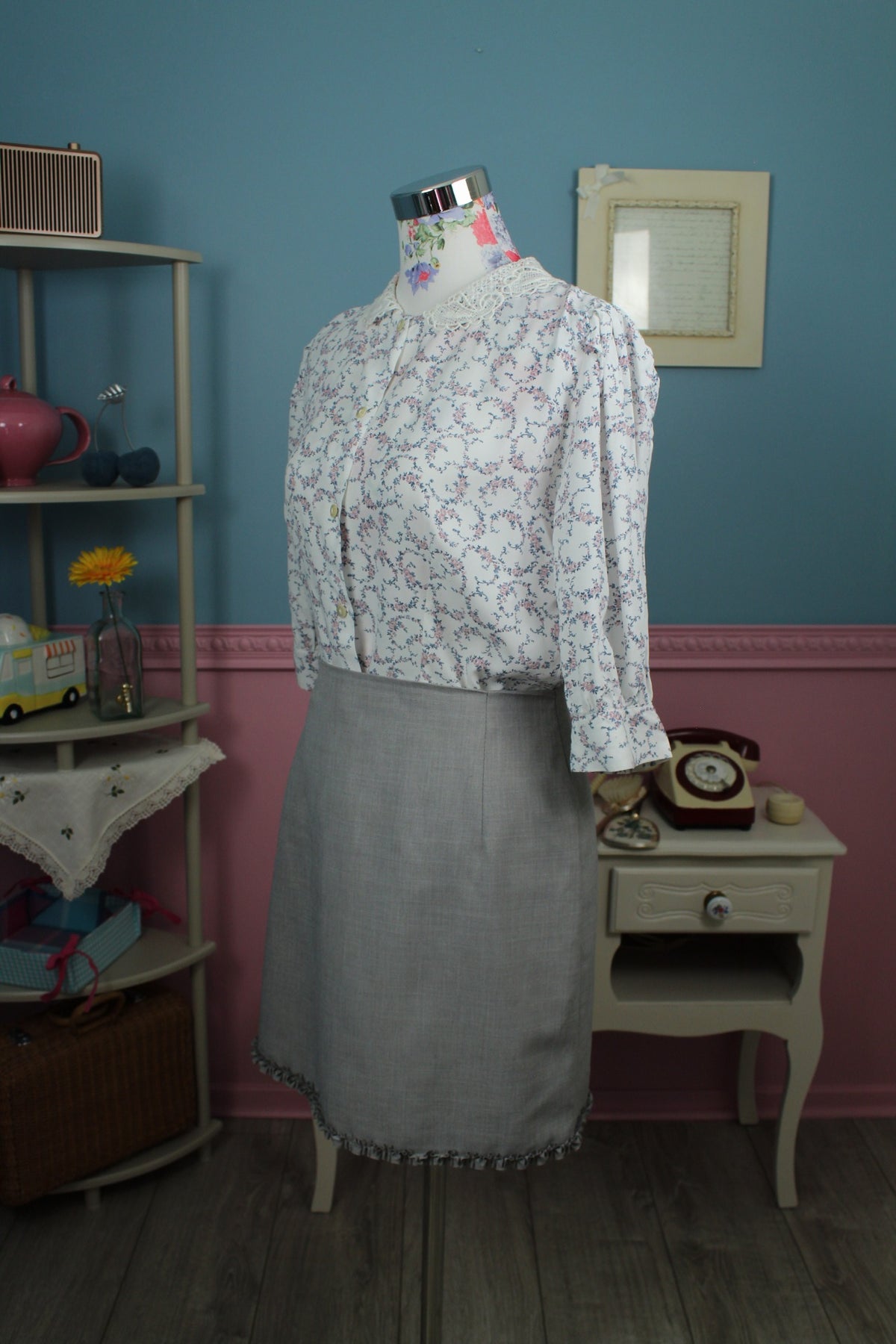 Blouse vintage col claudine en dentelle années 90 fleurie romantique - Taille 40/42