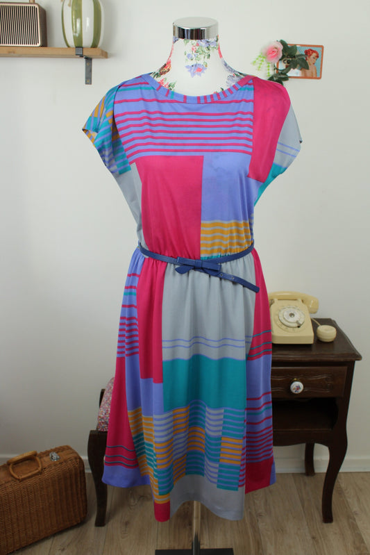 Robe vintage années 70/80 colorblock rose, violet et bleu - Taille 40/42