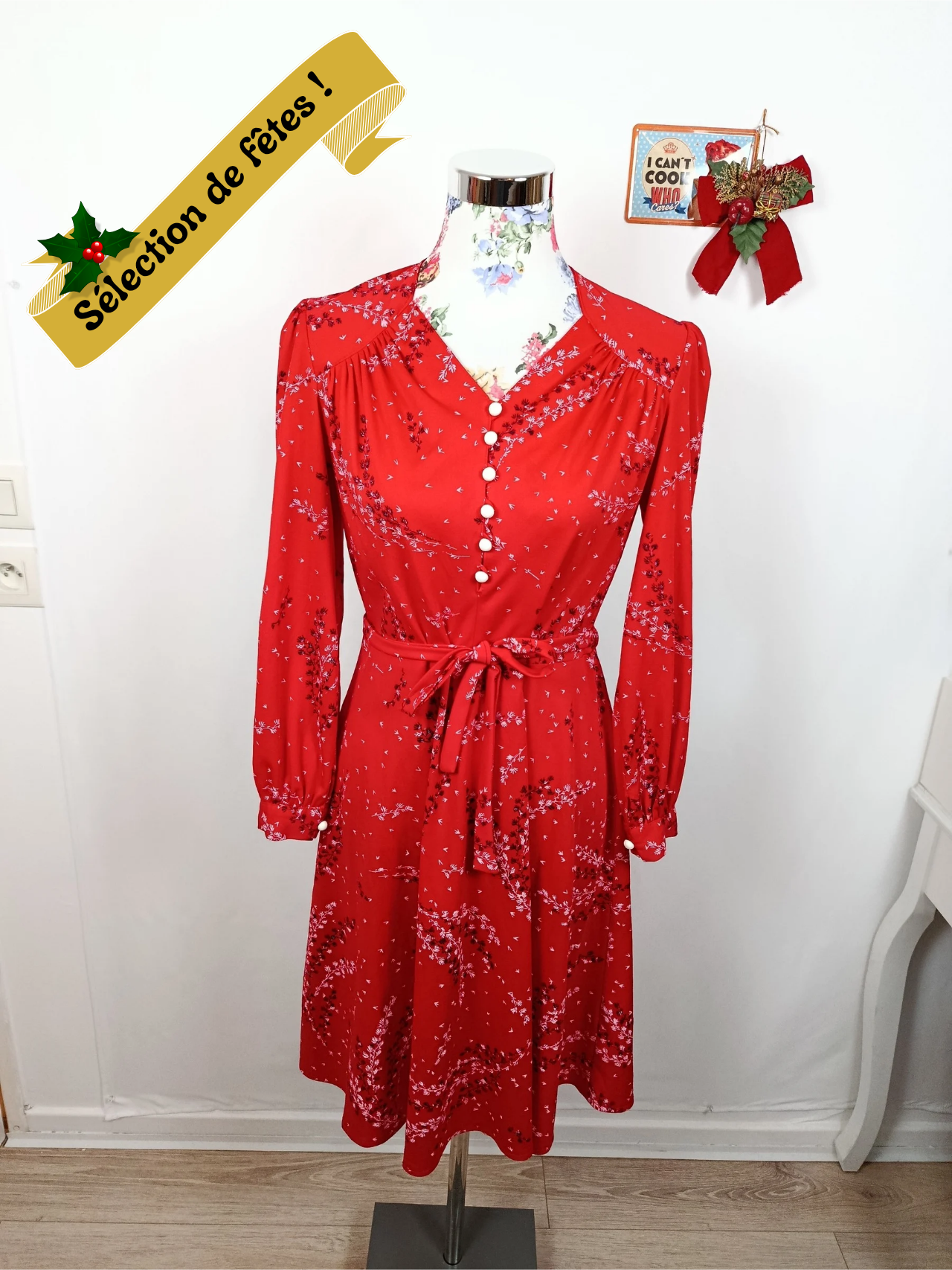 ✨Robe rouge vintage 70's Basma - branchage fleuri esprit Noël parisienne chic✨