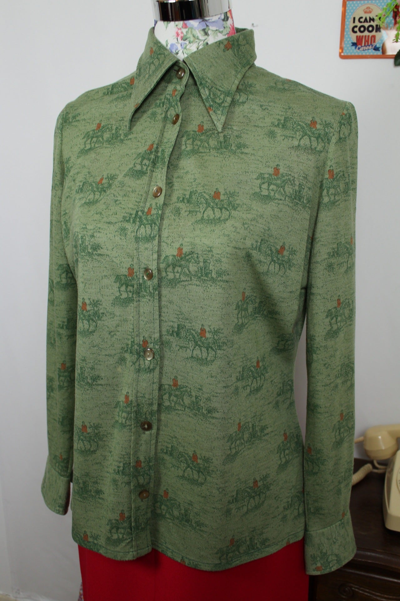 🌸🍒Chemise vintage 70's "chasse à courre" chevaux - made in France - Taille 38🍒🌸