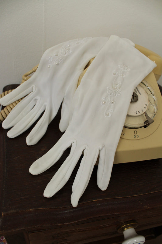 Gants vintage années 60/70 Ladies broderies florales & perles - Taille M