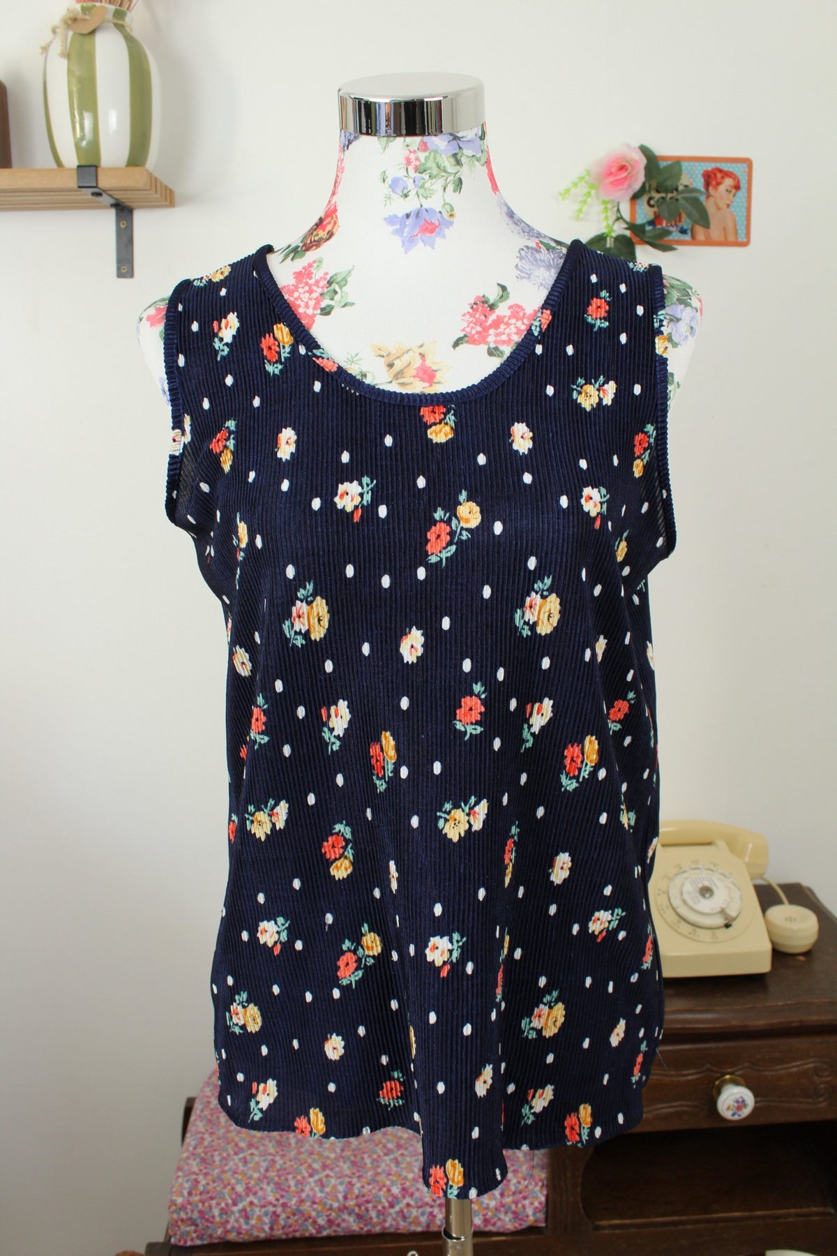 🌸🍒Débardeur côtelé vintage années 90 pois & fleurs - Taille 40/42🍒🌸