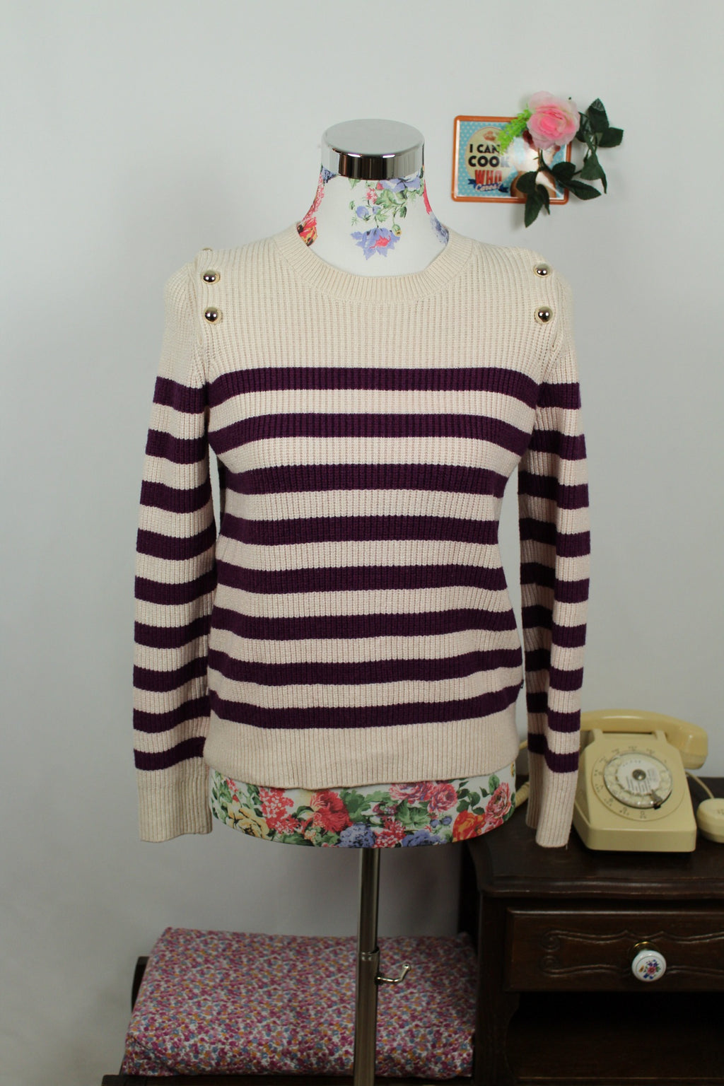 🌸🍒Pull marinière crème & violet - boutons dorés - Le Temps des Cerises 🍒🌸