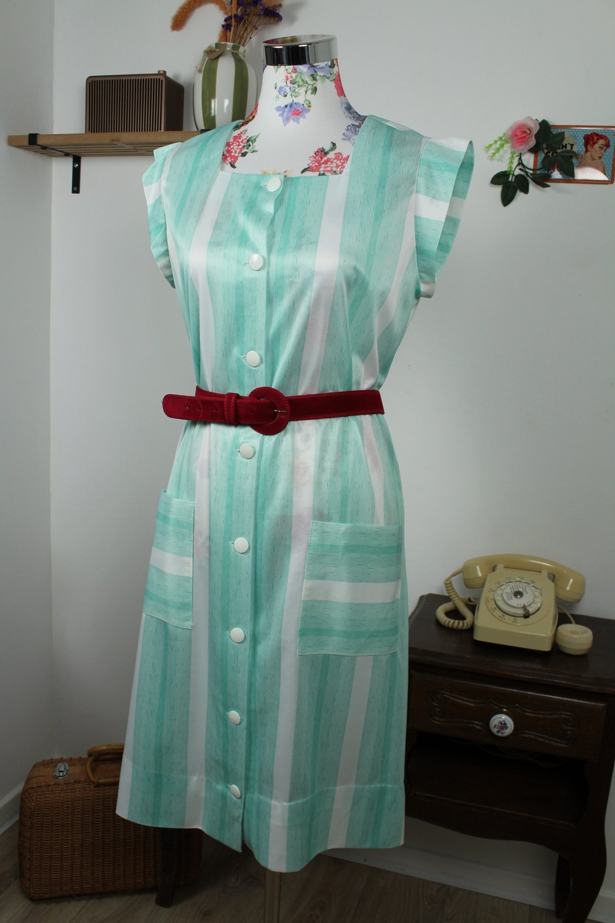 Robe vintage années 90/90 rayée vert menthe - pin-up/rockabilly Taille 40/42