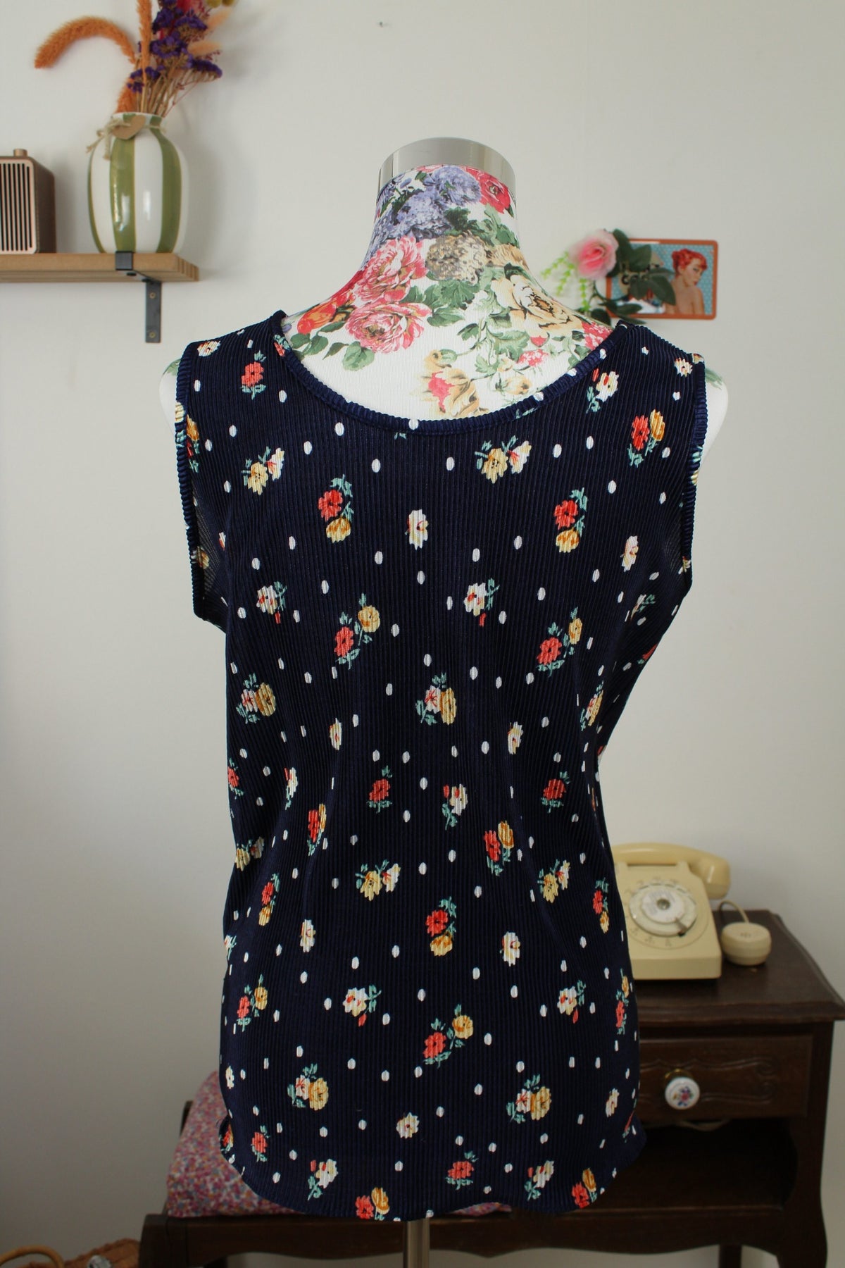 🌸🍒Débardeur côtelé vintage années 90 pois & fleurs - Taille 40/42🍒🌸