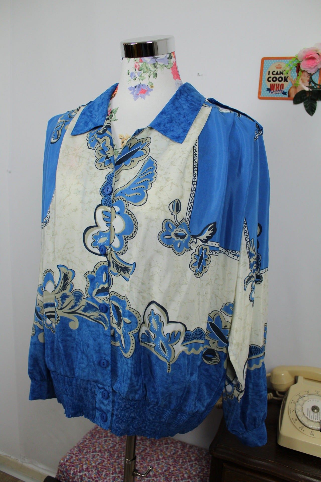 🍒🌸Chemise vintage baroque bleu & ivoire - années 80 - Taille 40 à 44🌸🍒