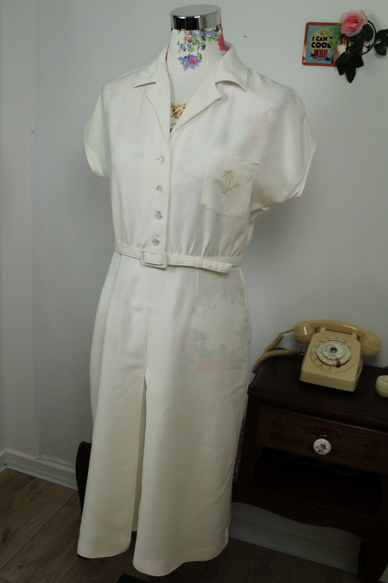 🌸🍒Robe blanche vintage 90's lin & viscose - palmier brodé - Taille 38🍒🌸