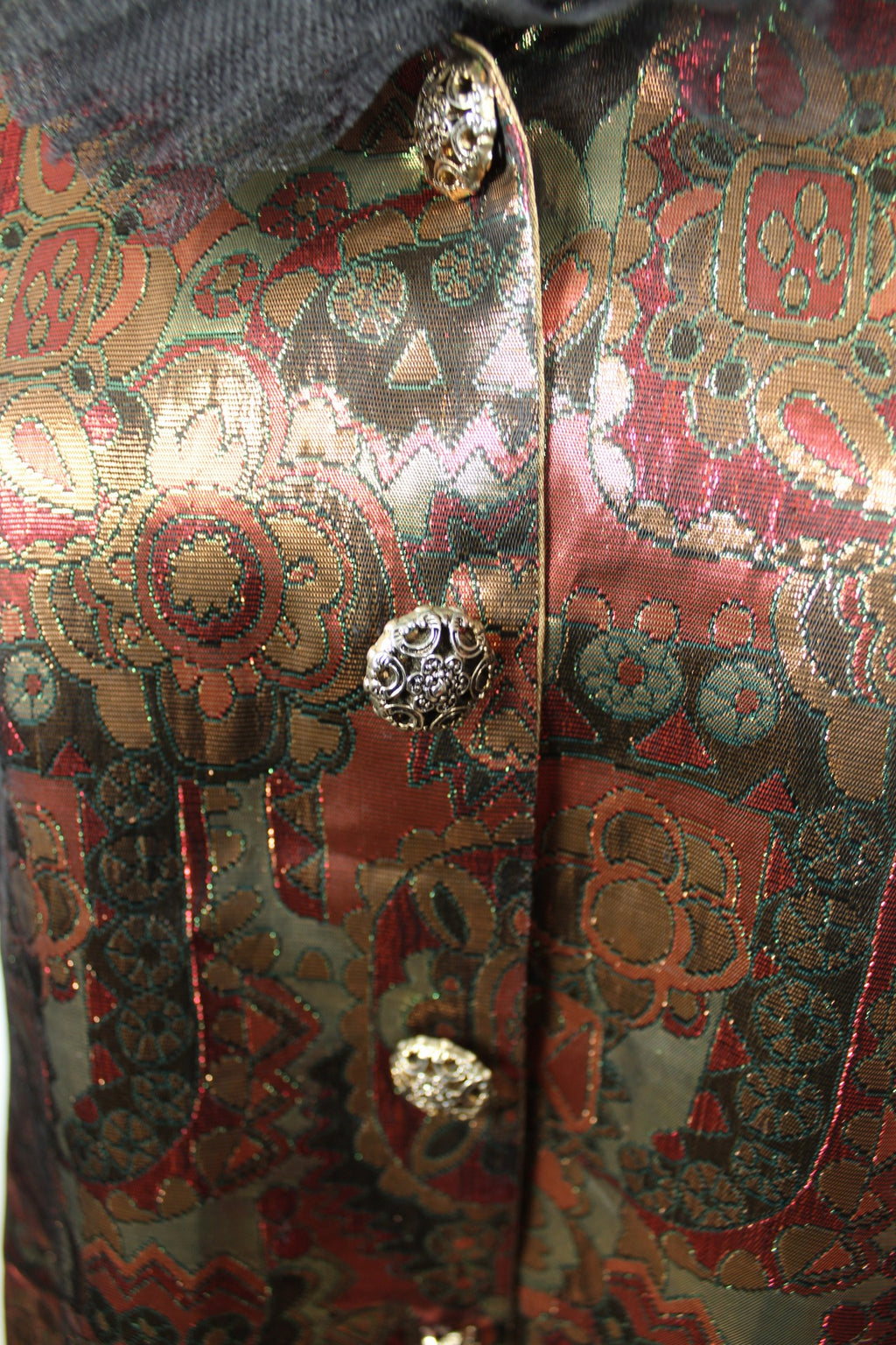 ✨Gilet brocart vintage 70's doré motifs baroques & col volanté tulle noir ✨