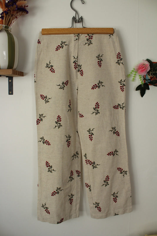 🌸🍒 Pantacourt vintage années 90 en lin & coton - fleurs bordeaux - Taille 32🍒🌸