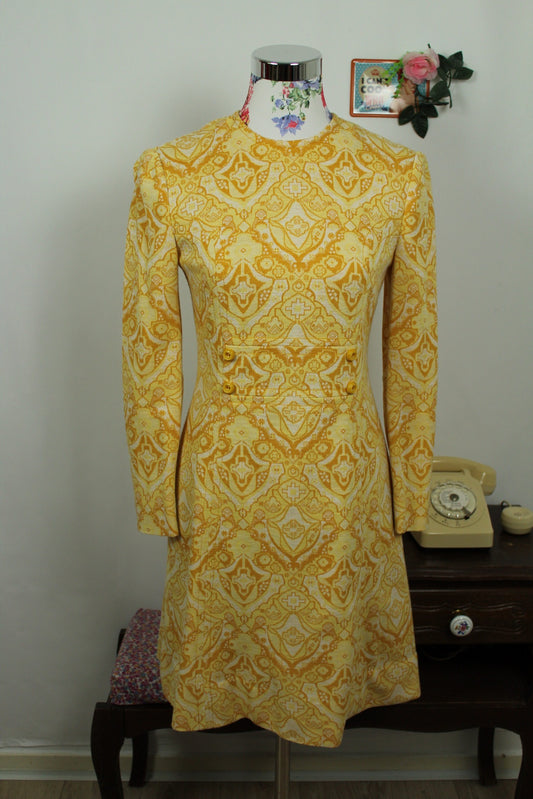 🌸🍒Robe vintage 70's motifs géométriques psyché soft jaune chaud - taille cintrée - Taille 34/36🍒🌸