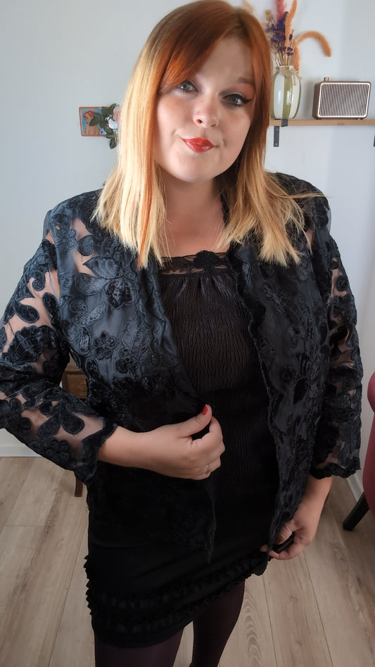 Cardigan noir transparent vintage années 80 dentelle fleurie baroque dark romantique gothique - Taille 42/44