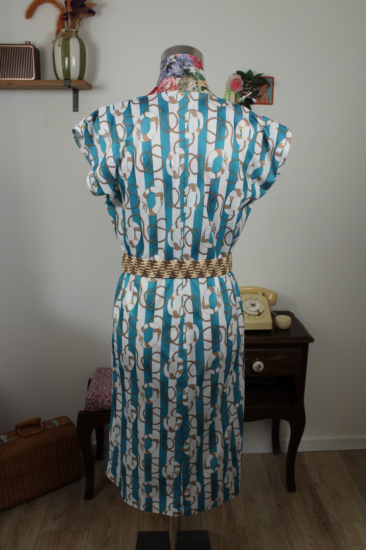 🌸🍒Robe vintage années 80 Navy rayures turquoises & motifs nautiques - Taille 38 à 42🍒🌸