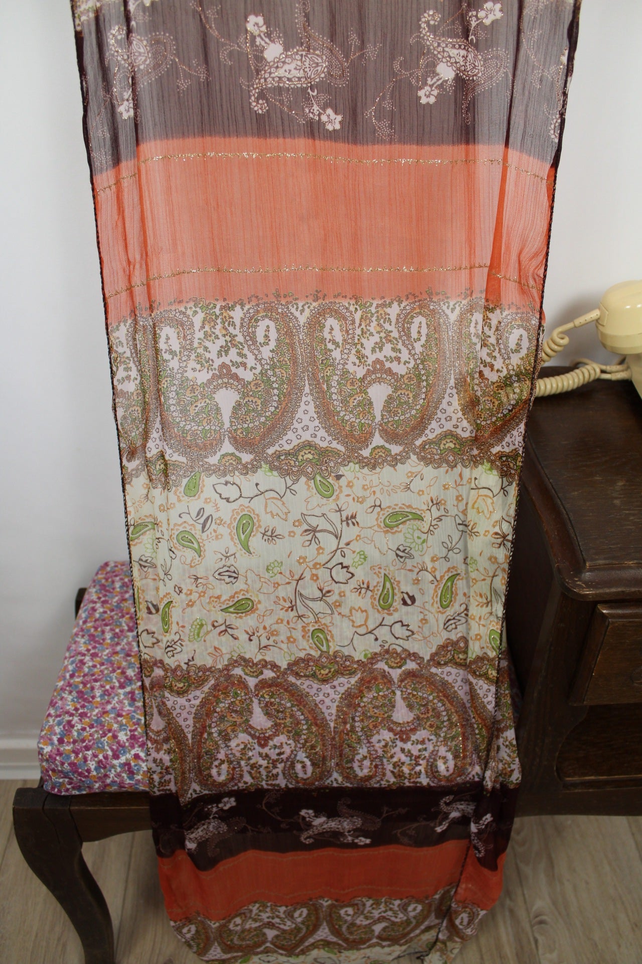 🌸🍒Long foulard coloré paisley fleuri & dorures🍒🌸