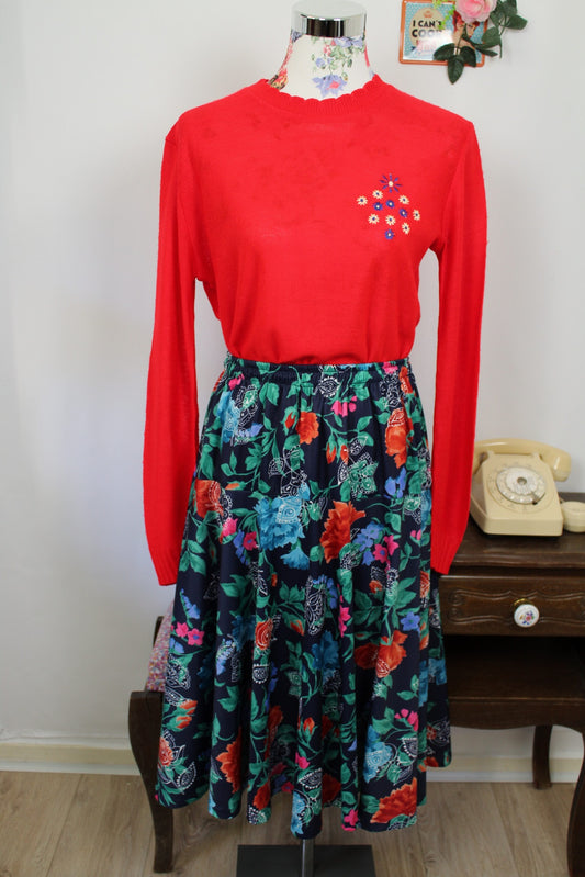 🌸🍒Pull rouge vintage années 80 - broderies florales - made in France - Taille 38🍒🌸