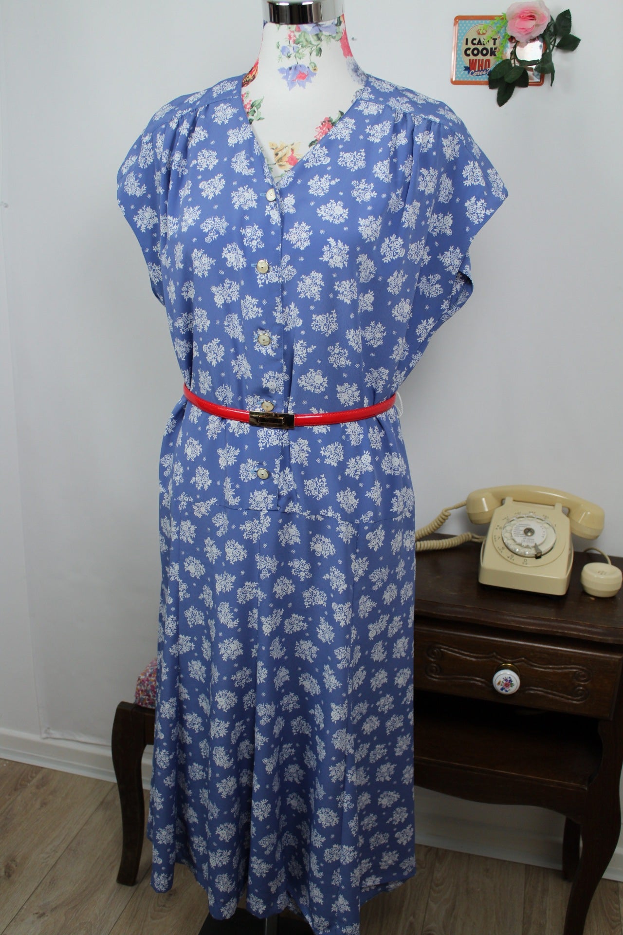🌸🍒Robe vintage 90's bleue & bouquets de fleurs - Gevana made in France - Taille 42/44🍒🌸