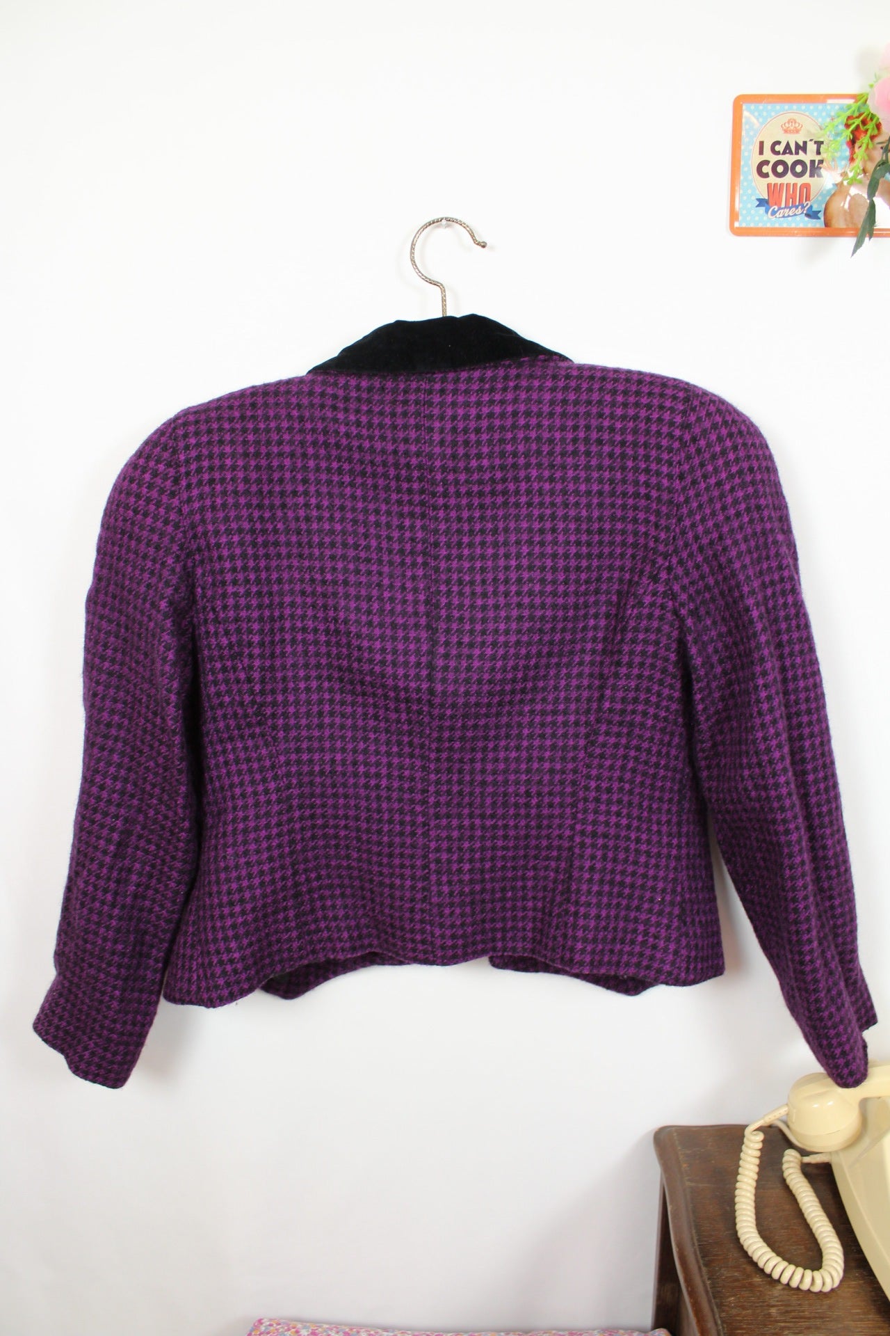 🌸🍒Veste vintage 80's pure laine pieds de poule violette & velours noir - Made in Italy - Taille 38🍒🌸