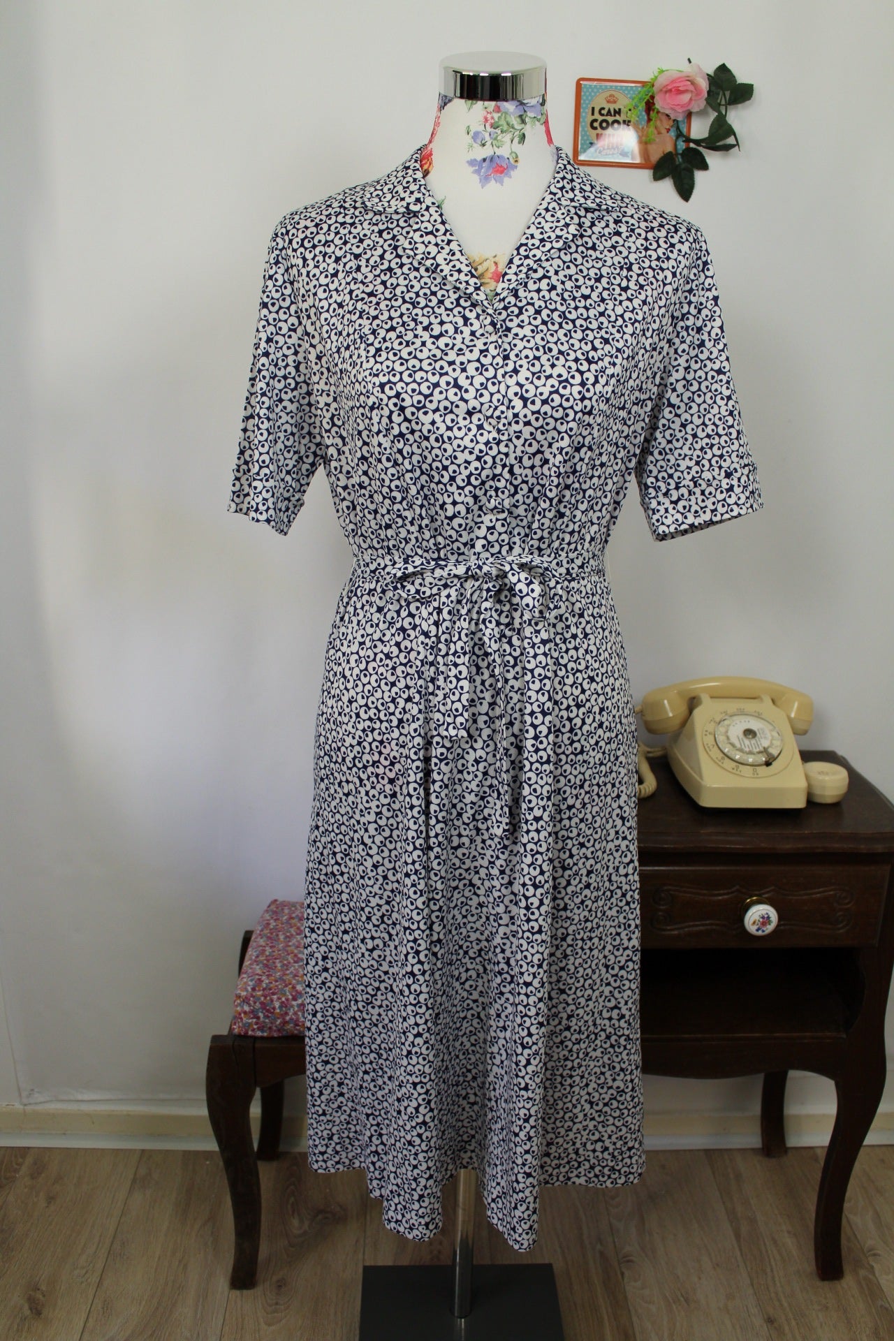 🍒🌸Robe chemisier vintage 80s à pois bleu marine - pin-up chic à la française - Taille 40/42🌸🍒