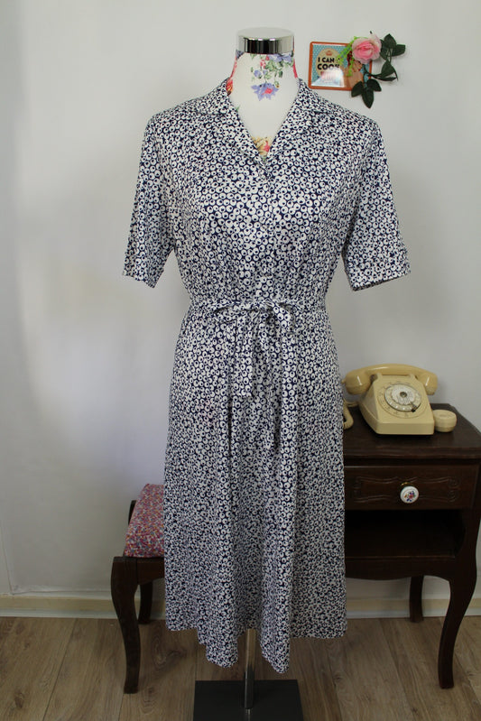 🍒🌸Robe chemisier vintage 80s à pois bleu marine - pin-up chic à la française - Taille 40/42🌸🍒