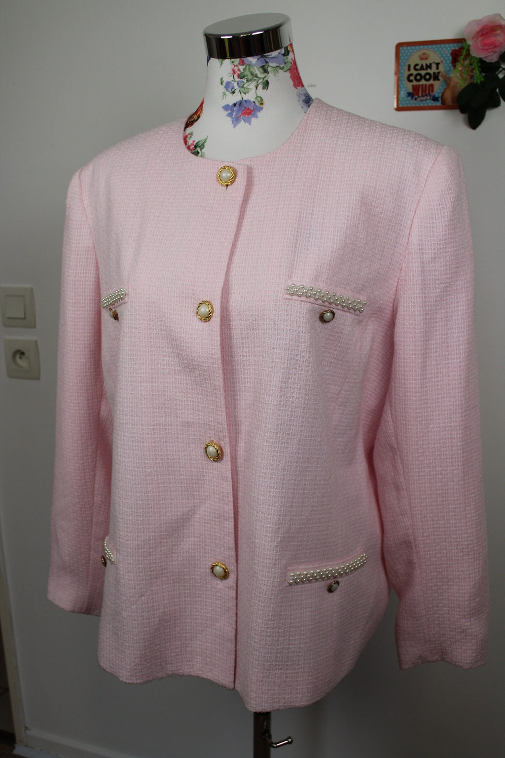 🌸 Ensemble jupe + veste preppy vintage 80's rose poudré - perles nacrées & boutons dorés🍒